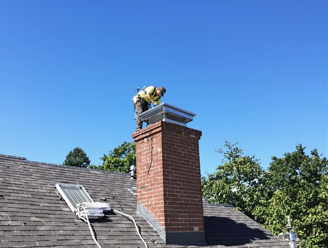 Shelton Chimney Sweep technician measuring a chimney cap in Shelton, CT